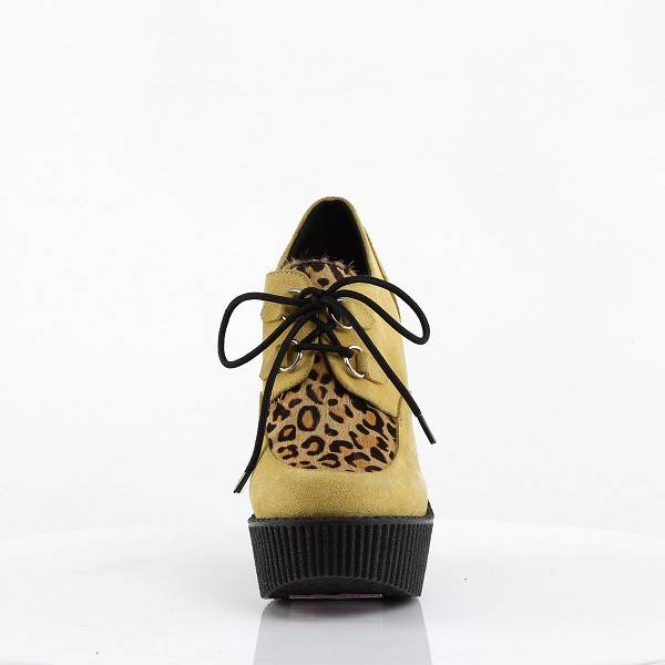 Demonia Women's Creeper-304 Wedge Oxford Shoes - Mustard Vegan Suede/Animal D8421-67US Clearance